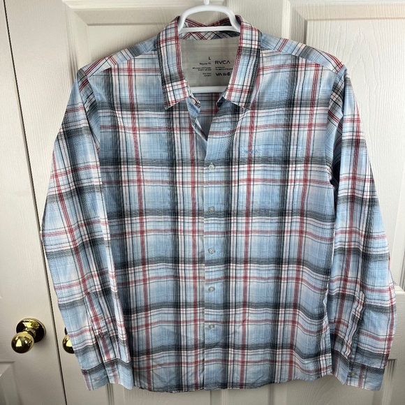 Men's RVCA Button Front Long Sleeve Plaid Regular Fit Shirt Size Large - Picture 1 of 4
